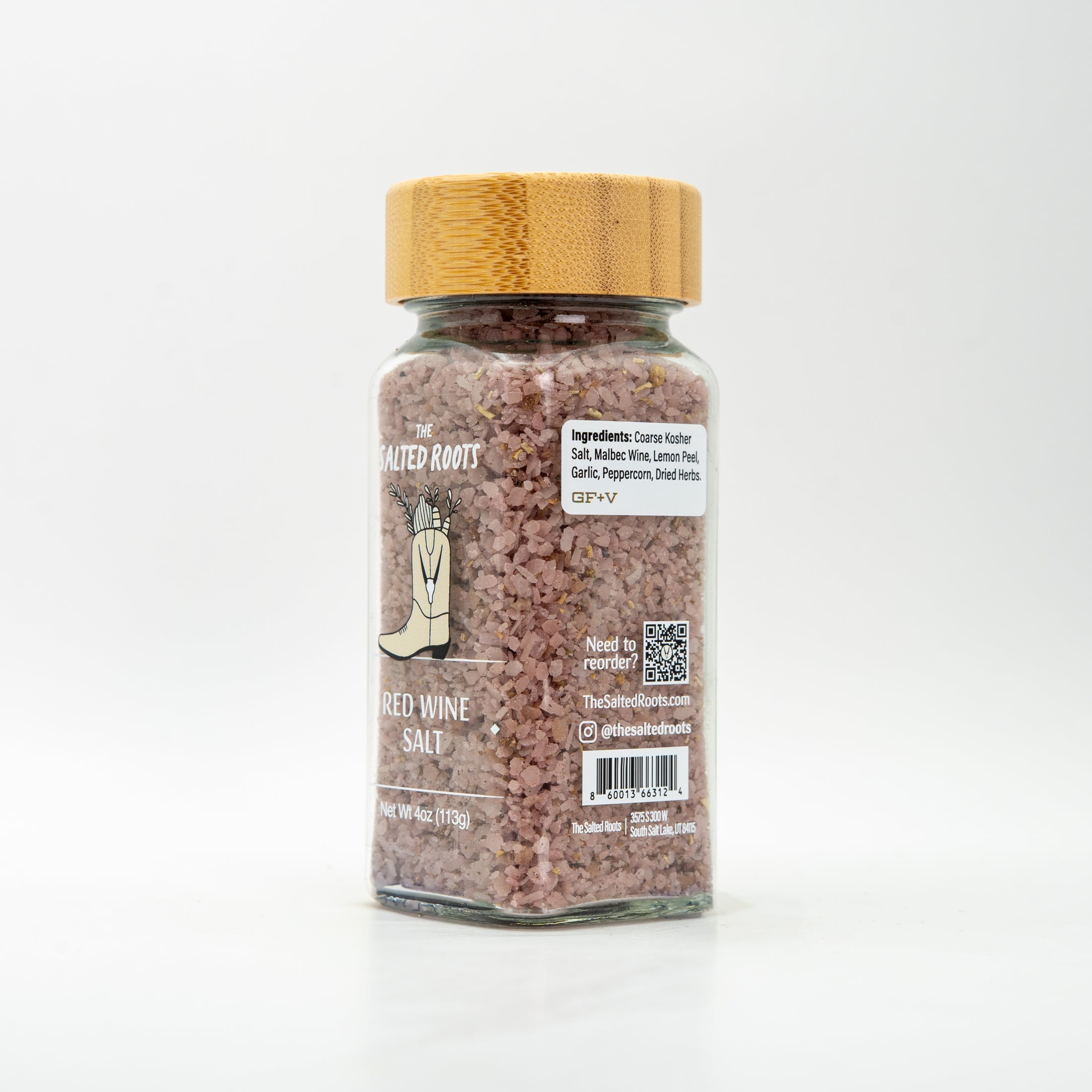 side view of salt jar with labels. 