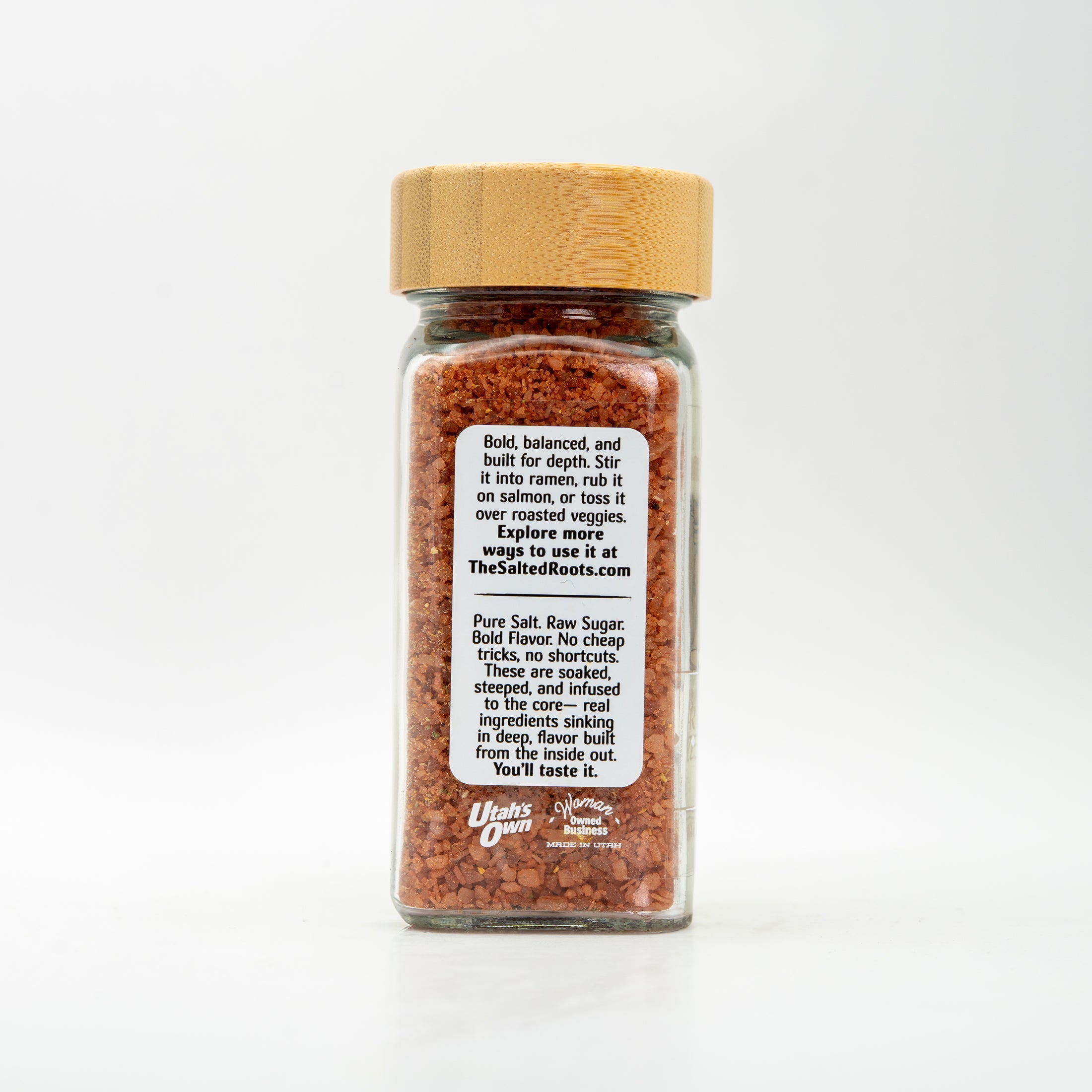 back view of salt jar with labels. 