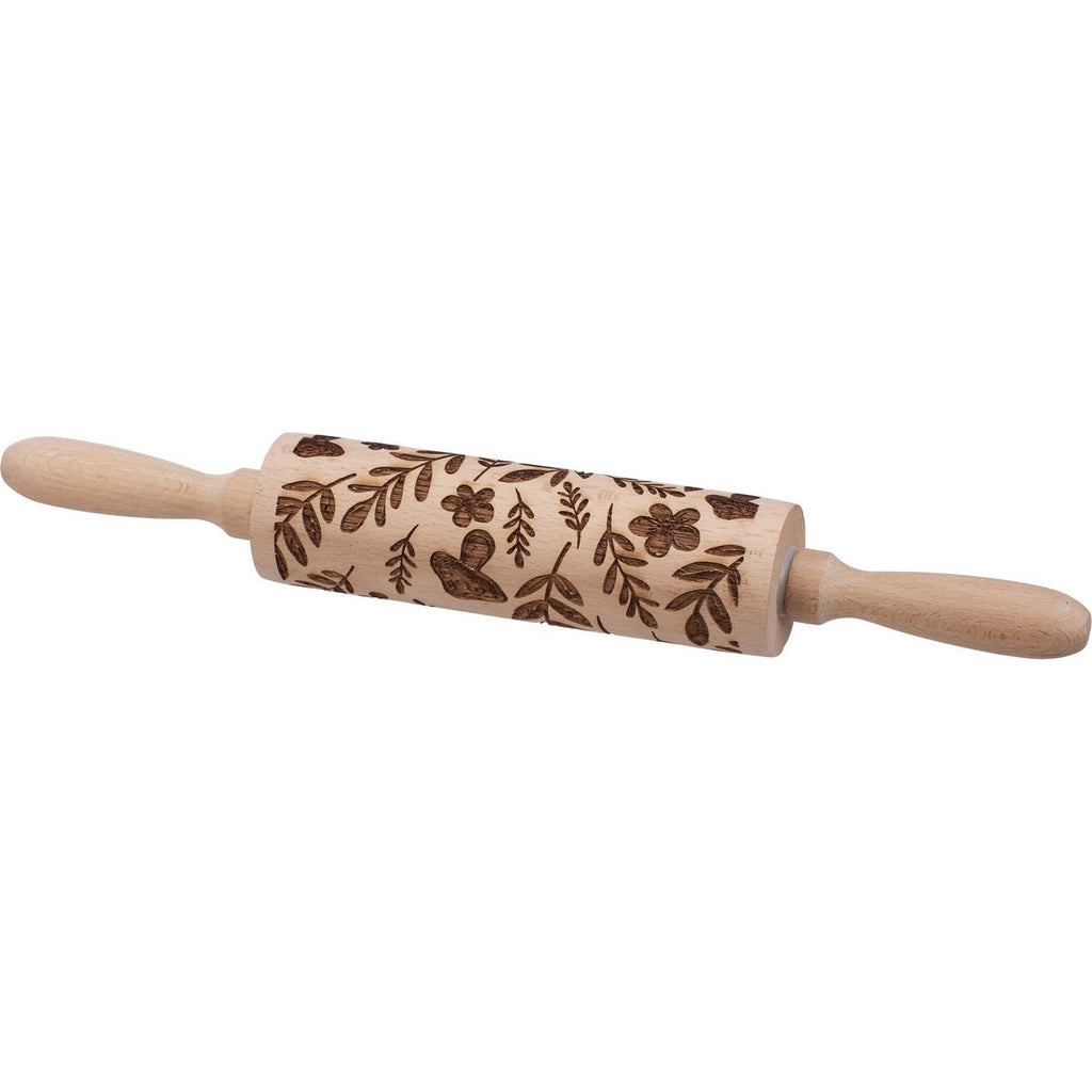 Wooden rolling pin from the Cottagecore Collection with debossed details along the roller that leave fun imprints in dough. This Mushrooms embossed rolling pin features natural beech wood debossed with a design of mushrooms mixed with a variety of florals. Hand-wash recommended.