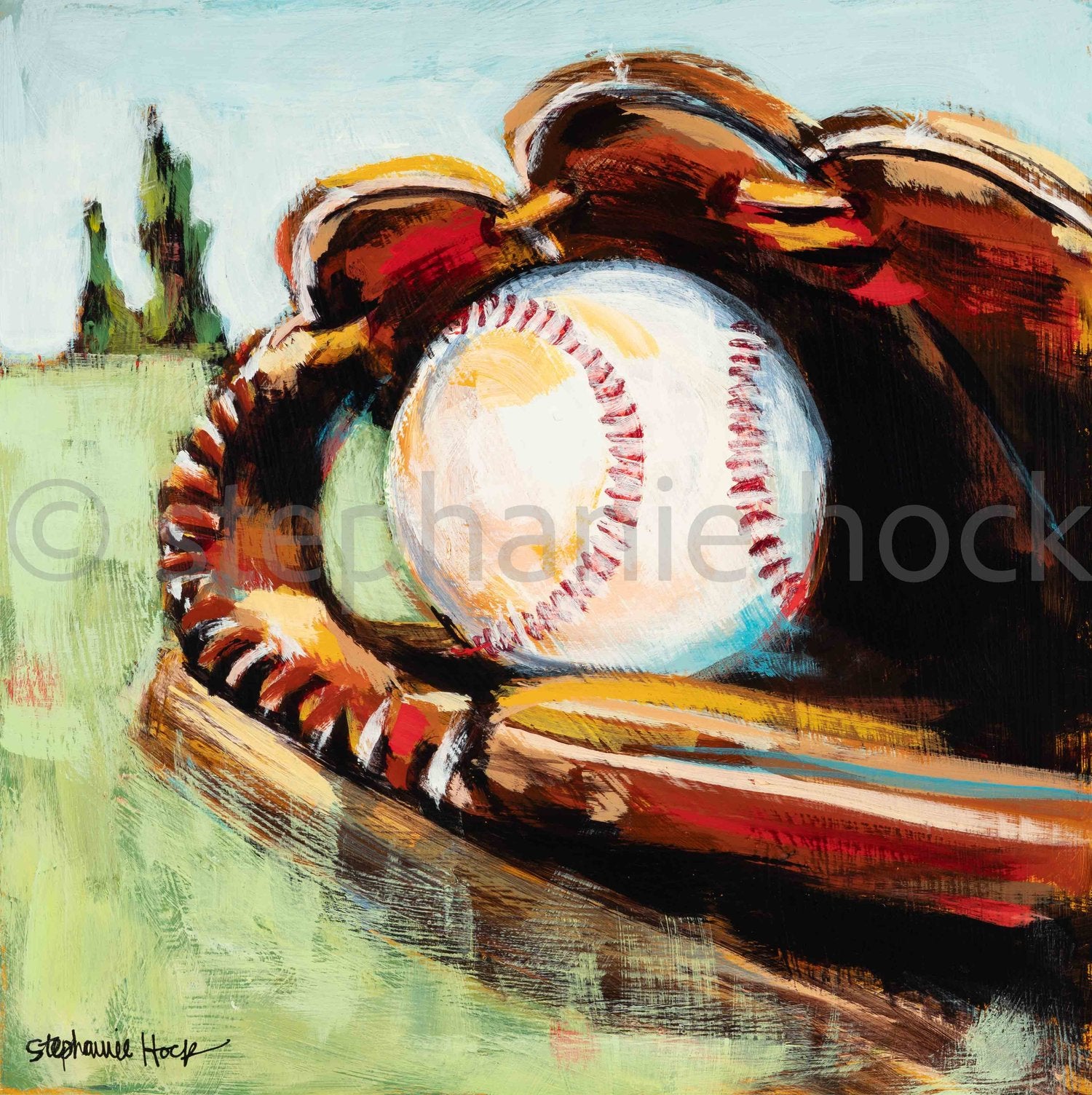 Play Ball Sticker Printed from an original Stephanie Hock painting. 2 inch round vinyl circle sticker, waterproof & scratch proof Vendor Stephanie Hock Fine Art