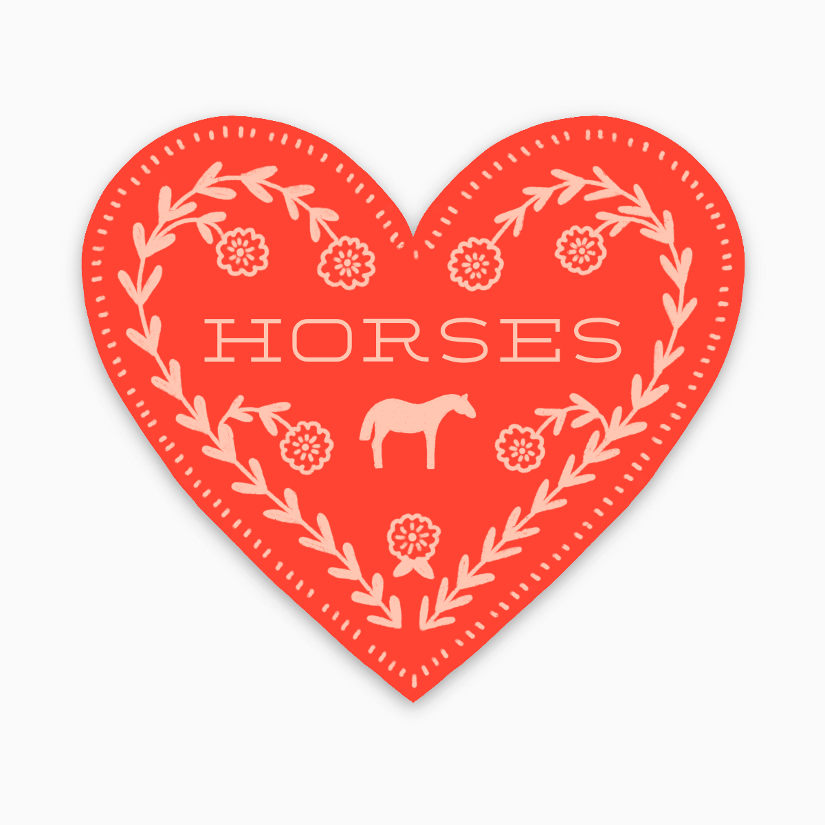 Red heart-shaped sign with 'Horses' text and horse illustration on a white background