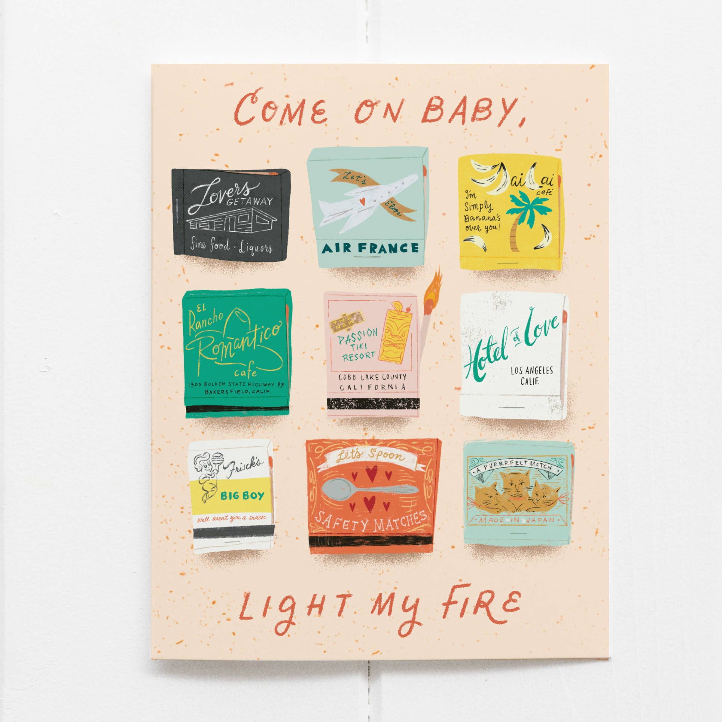 Set of colorful matchboxes on a wooden board with text. Come On Baby, Light My Fire! - Greeting Card