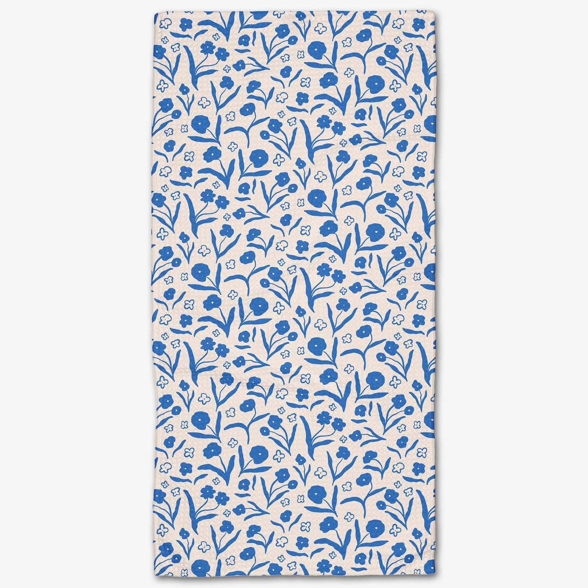 Towel with blue floral pattern on a white background tea towel