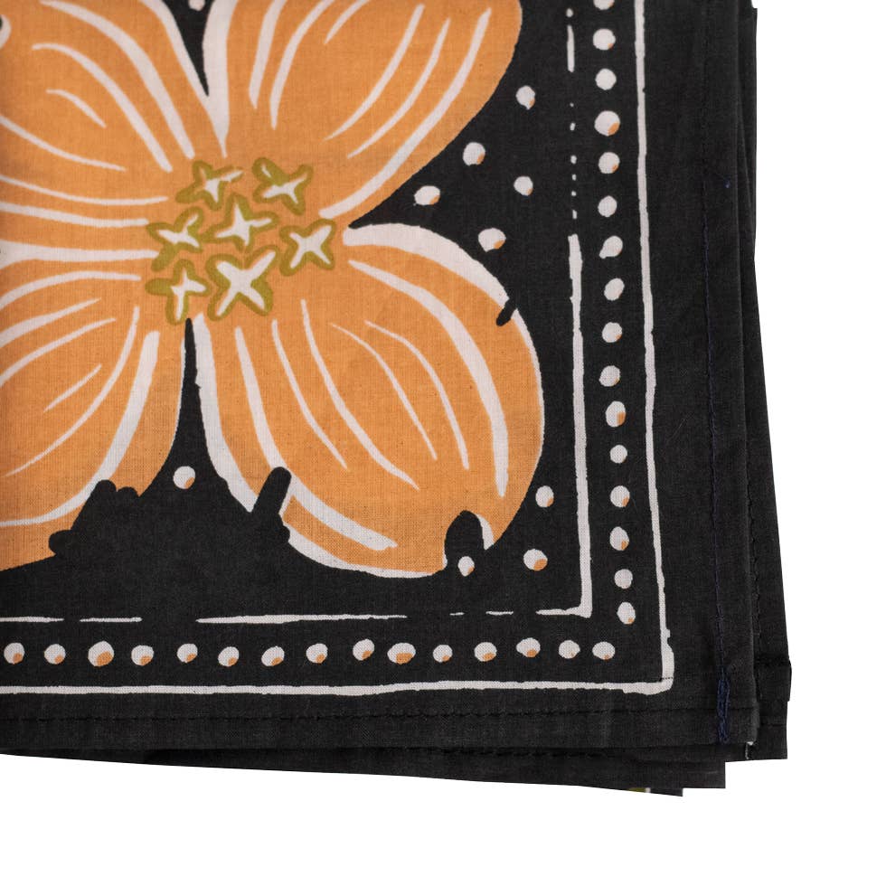 Black with Peach & Green dogwood flowers handkerchief 