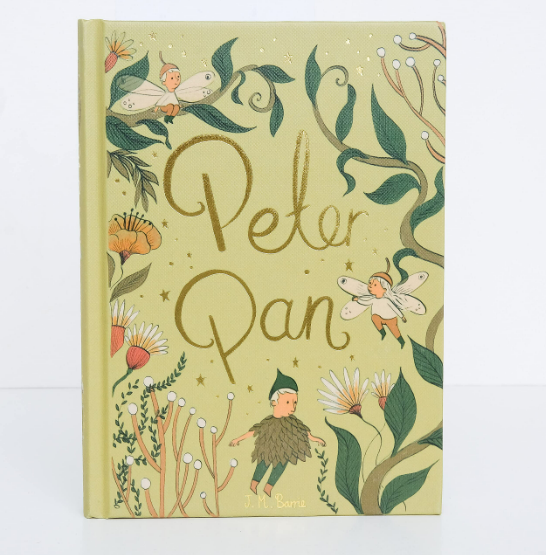 Book cover of 'Peter Pan' with illustrations of fairies and foliage on a light green background
