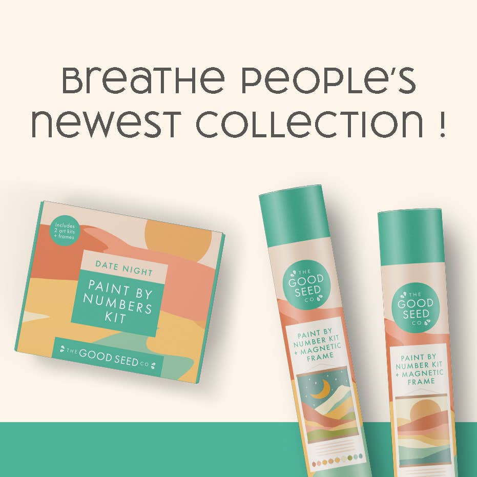 The Good Seed Co. paint by numbers kits with text 'Breathe people's newest collection' on a white background.