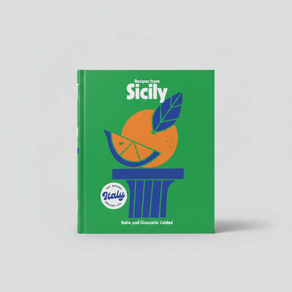 Book cover of 'Recipes from Sicily' with an orange and green design on a green background.