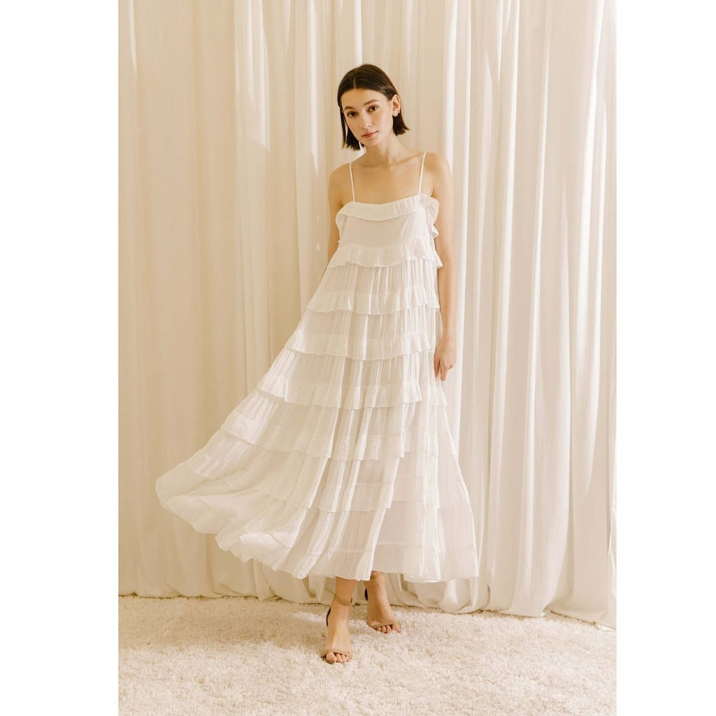 Monochromatic white ruffled midi dress. It features a straight neckline, adjustable spaghetti straps, and a small upper back peephole. It also has a tiered layer of the ruffled loose flowy body.