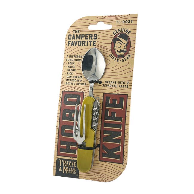 Multitool with knife and spoon on a wooden-patterned packaging