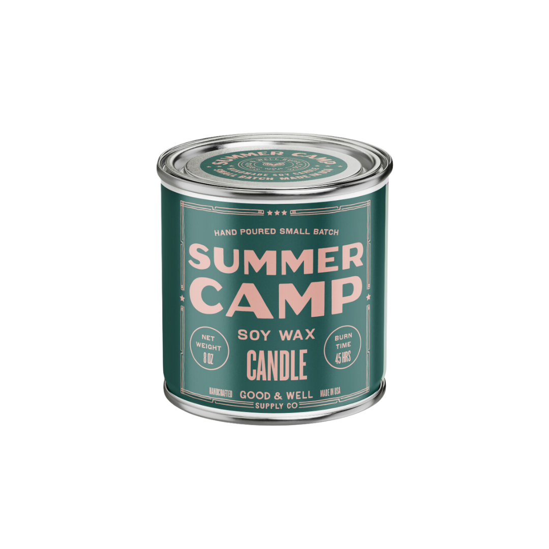 Candle container labeled 'Summer Camp' on a white background