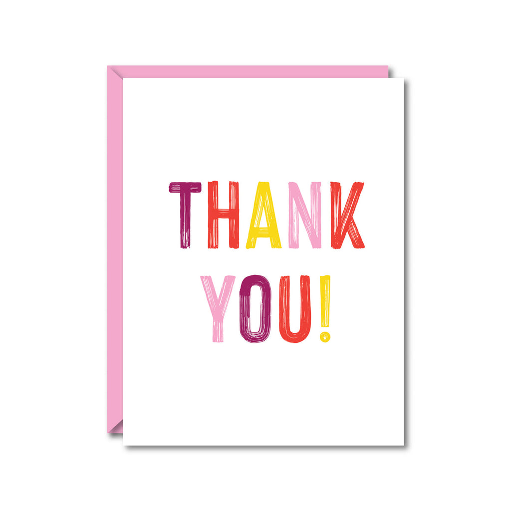 white card reading "Thank You!" in a font featuring reds, pinks, and yellows