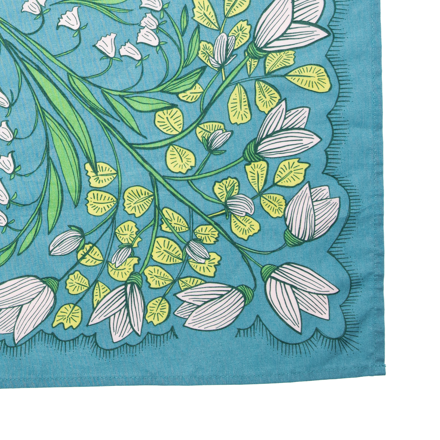 Floral patterned fabric with green, yellow, and white flowers on a blue background