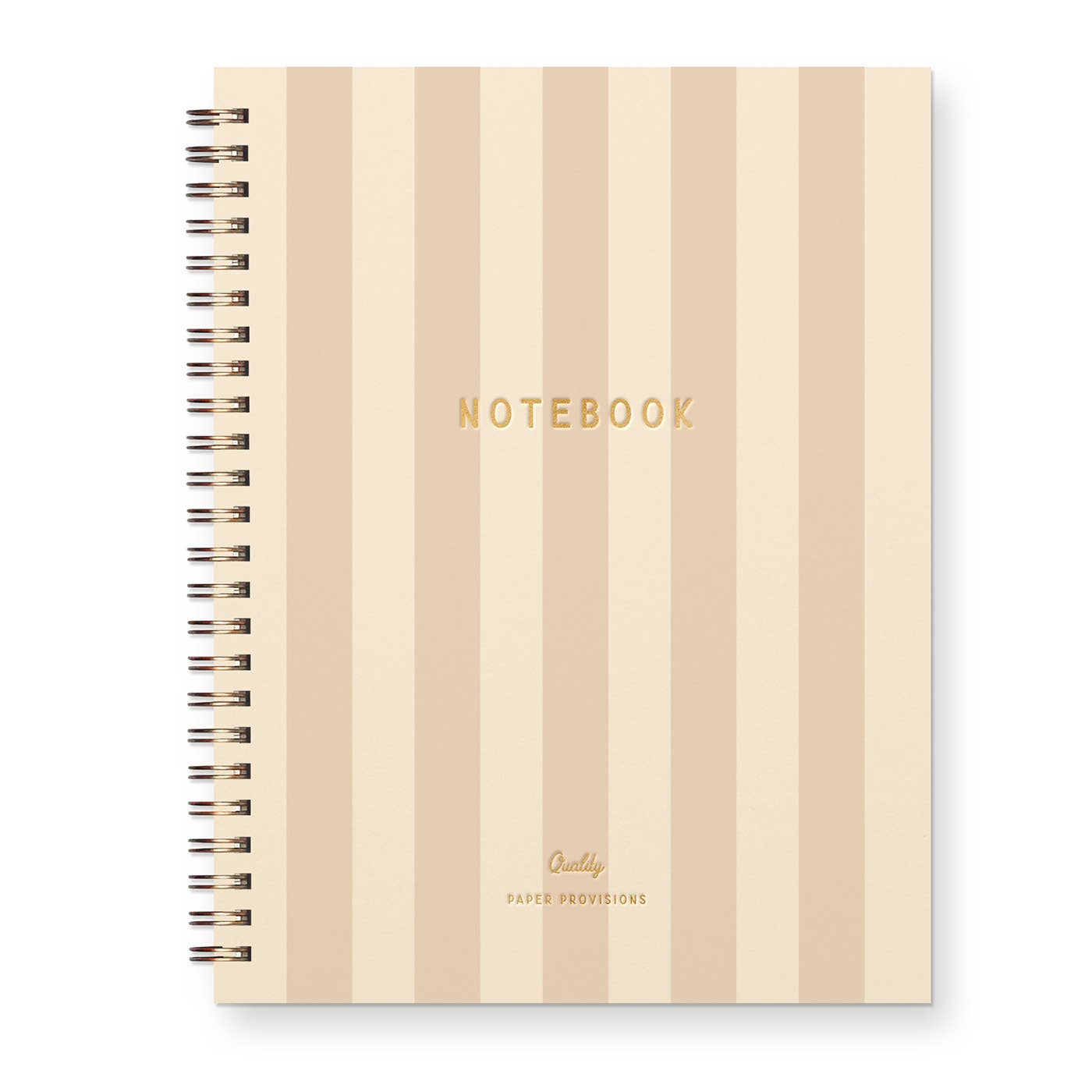 Notebook with beige and white striped cover and gold text on a white background