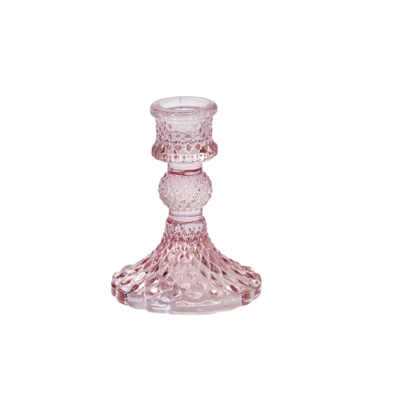 Add a vintage sensibility with on-trend color to your table centerpieces with these Gillian Candlesticks, designed classic with a twist. This pink glass candle holder offers visual impact & easy elegance to wedding or your home. It holds a standard taper candle & fits under a 4-inch glass sleeve. 3"x 4"