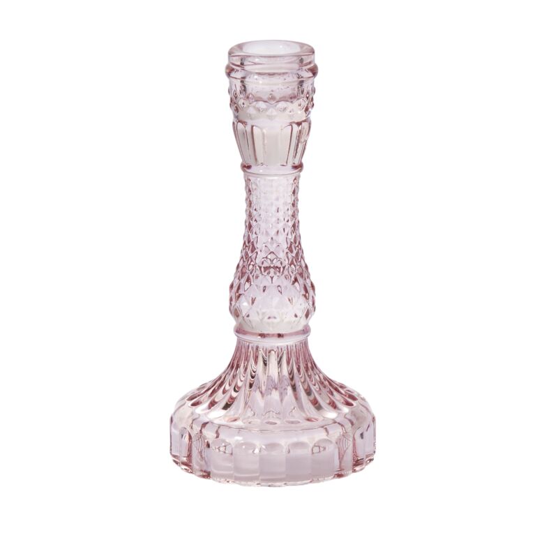 Add a vintage sensibility with on-trend color to your table centerpieces with these Gillian Candlesticks, designed classic with a twist. This pink glass candle holder offers visual impact & easy elegance to wedding or your home. It holds a standard taper candle & fits under a 4-inch glass sleeve. 3.25"x 6.75"