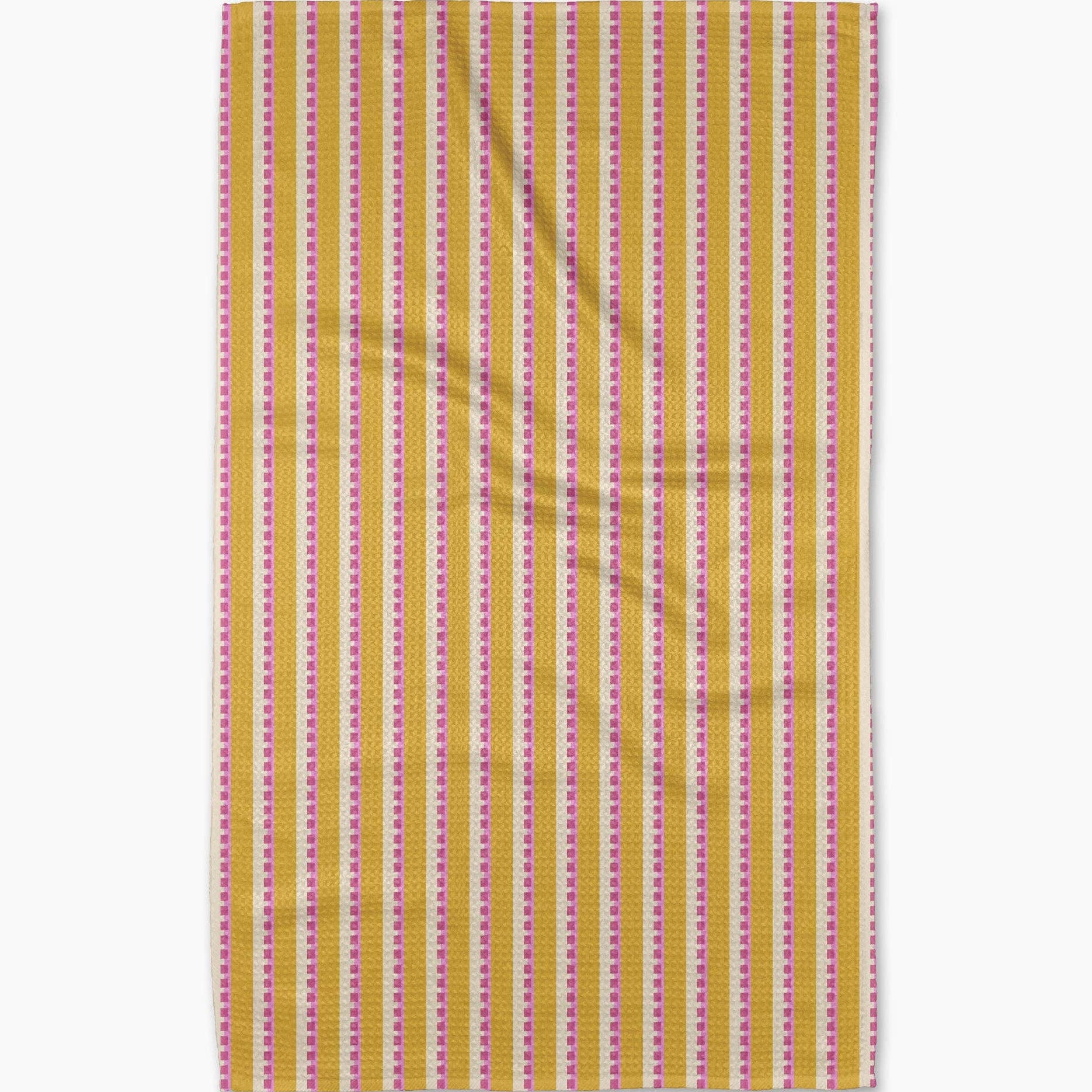 Striped towel with yellow and pink pattern on a white background