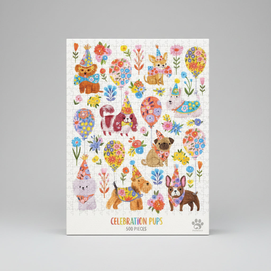 Colorful puzzle with cartoon dogs and flowers on a white background