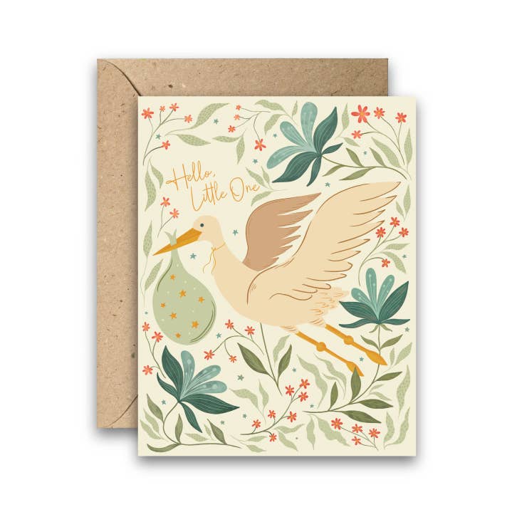 Celebrate a precious new arrival with our "Hello Baby" New Baby &amp; Baby Shower Card, a timeless yet modern greeting for welcoming little ones. Featuring a hand-illustrated stork carrying a bundle, surrounded by soft blues, greens, corals, and delicate florals, this card offers a fresh take on a classic tradition. Subtle yellow stars and a warm cream background make it gender-neutral and perfect for baby showers, birth announcements, or congratulating new parents.