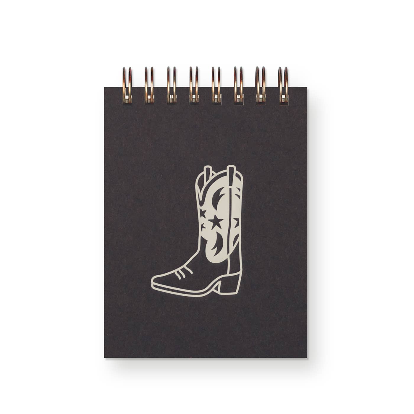 Black notebook with a white cowboy boot design on a white background