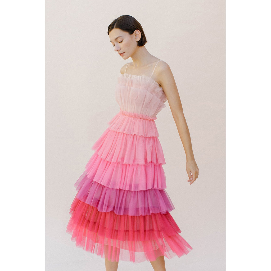 Pink-toned ombre tulle midi dress. It exhibits a tiered ruffled layers top, adjustable spaghetti straps, and cinched waist. It also has a midi layered bottom and back invisible zipper