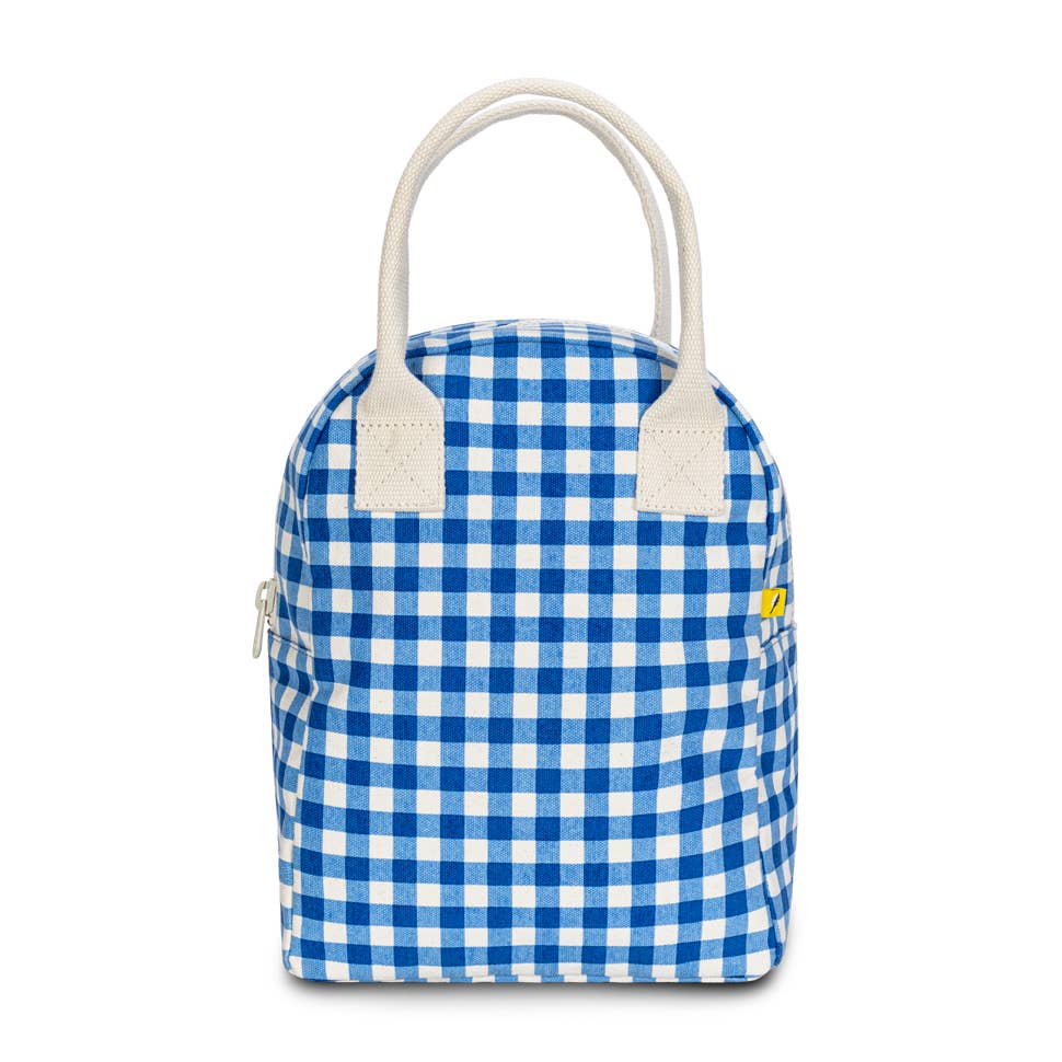 Certified organic cotton. Preshrunk and fully machine washable. Cotton canvas carry handles. Zipper closure. Rinse-able, tested food-safe lining. Interior pocket (for a water bottle or ice pack). Durable and roomy. Lunch bag is lined but not insulated. Water-resistant lining works well with an ice pack, if desired. Blue Gingham pattern.
