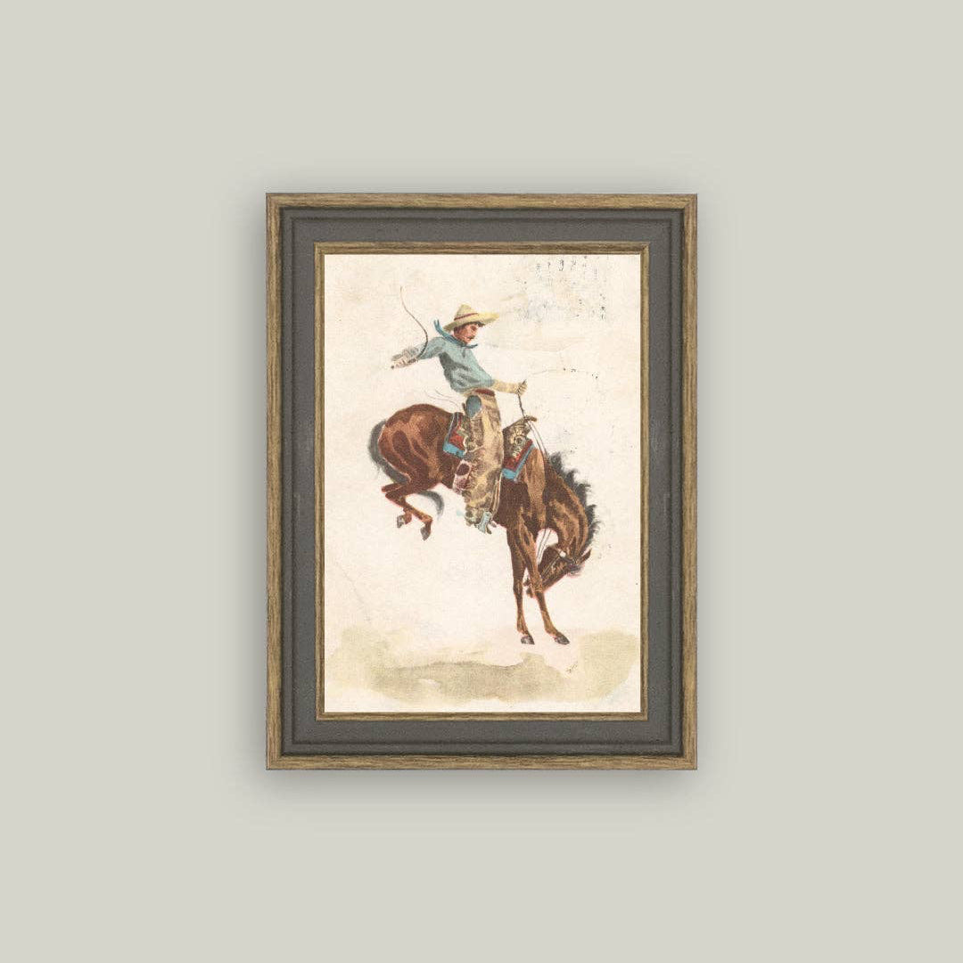 Capture the rugged spirit of the rodeo with this Bucking Bronco Framed Antique Art. Its vintage-inspired design adds timeless character to any space, evoking the thrill and heritage of the Wild West. Perfect for those who appreciate classic Western charm, this piece brings a warm, nostalgic touch to your home or office décor.

Details:

4” x 6”
Artwork Material: Printed on premium canvas fabric for a lasting, textured finish.
Measurement reflects the outside dimensions of the frame.