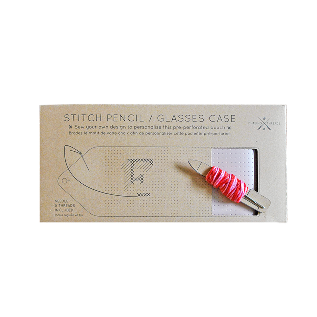 Stitch your own way - this envelope pocket is ideal as a pencil or glasses case and allows you to sew any unique design. Whether you stitch initials, a slogan or the sunglasses template included, it opens out fully for easy stitching. It also opens 2 ways, so it can open from the side or from the top - just pop the metal buttons to fold up whichever way you prefer. The Navy pouch comes with teal & gold thread &amp; needle wrapped on our pen thread-board. It includes our 3D alphabet template to add initials