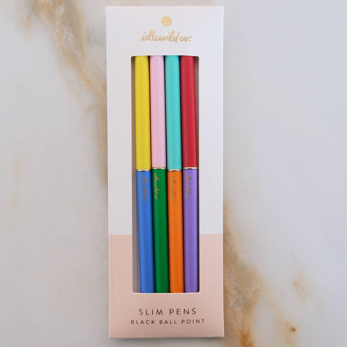 Our best-selling slim style ballpoint pens feature scratch proof barrels in vibrant colors, designed to last a lifetime. The slim barrel makes writing effortless, and proves why these pens are best-selling season after season. Each set of four coordinating pens is packaged in a custom-designed, plastic-free package that shows off the color way.

• Black Ink

• Approximately 6 1/4″ X 5/16"

• Plastic Free Packaging