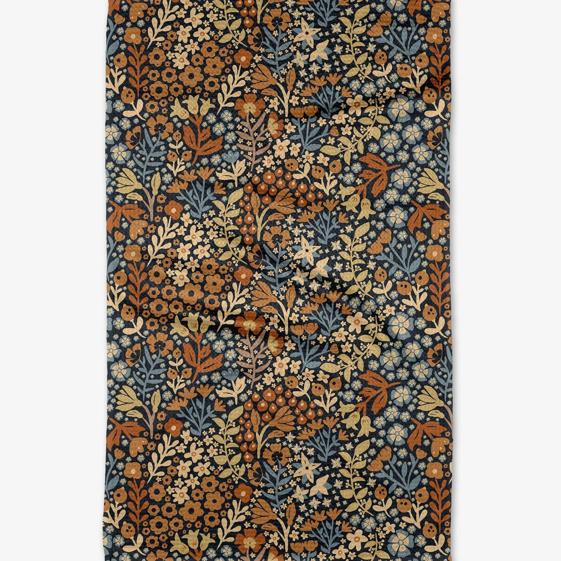 Floral patterned tea towel with blue, orange, and beige colors on a white background