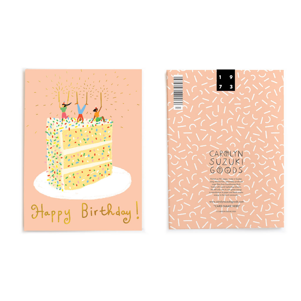 Celebrate in style with our CONFETTI CAKE Birthday Card! Bursting with vibrant colors and whimsical confetti, this card is sure to bring joy and laughter to your loved one's special day. No need for a boring, generic card when you can send a playful and fun message with our CONFETTI CAKE Birthday Card.     •Blank inside.  A2 Size - 4.25 by 5.5 inches with foil embellishments.