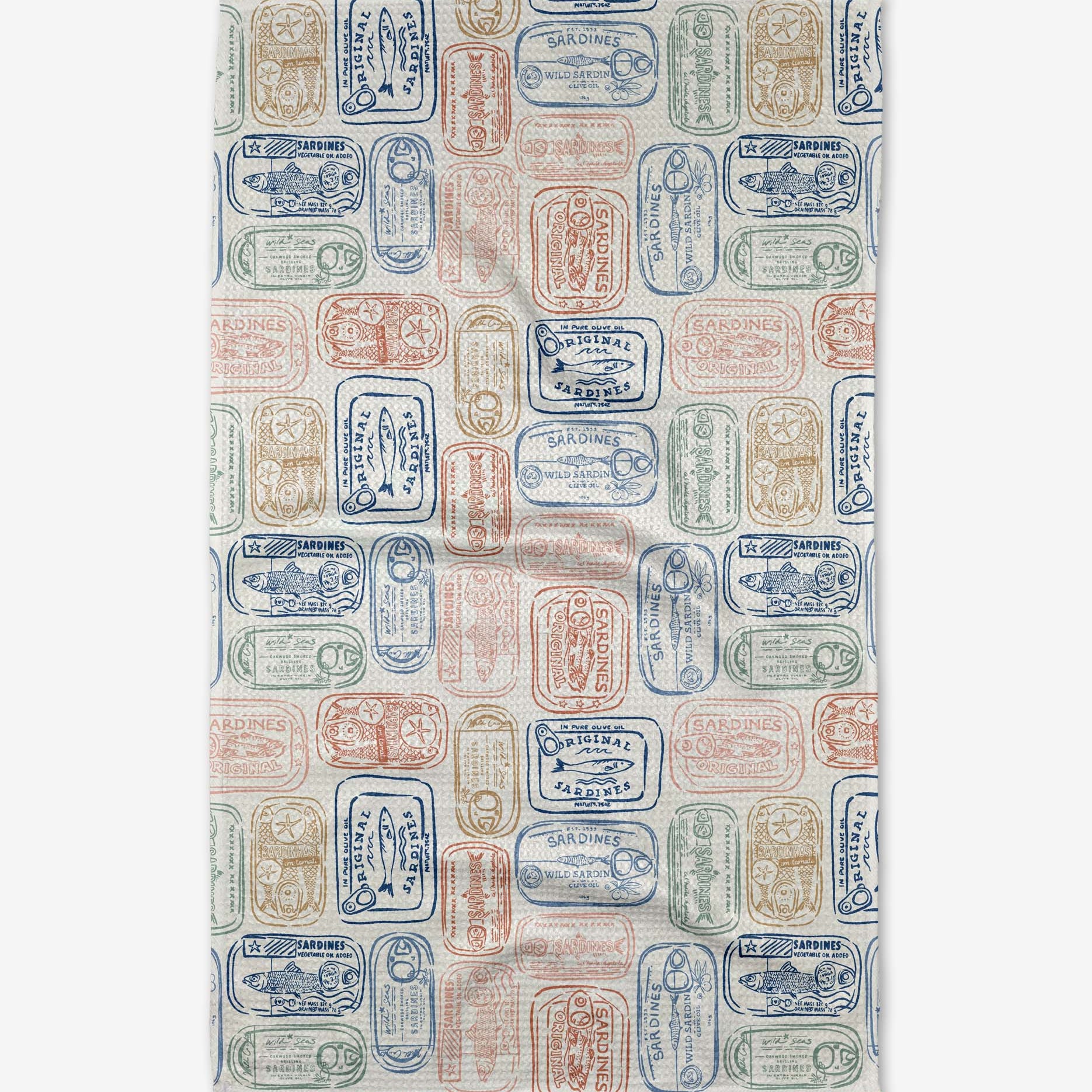 Patterned fabric with tinned fish design on a white background