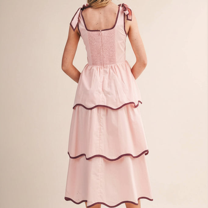 Contrast Tiered Midi Dress - Pink Bloom