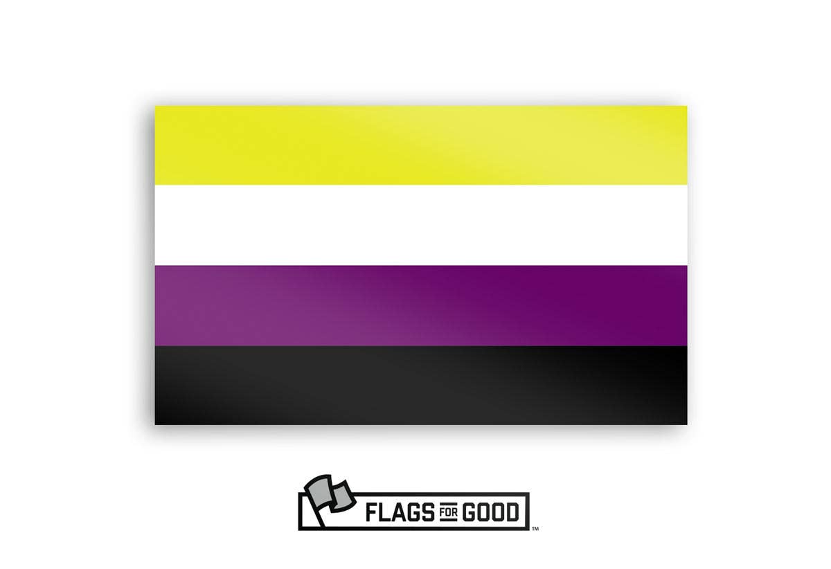 Nonbinary pride flag sticker ready for sticking on laptops, water bottles, your car, or anywhere else you can think of. Originally designed in 2014 by Kye Rowan, the nonbinary flag consists of four horizontal stripes: Yellow - representing people whose gender exists outside of the binary White - representing people with many or all genders Purple - representing people with genders considered a mix of male and female Black - representing people who identify as not having a gender. 3.3" x 2"