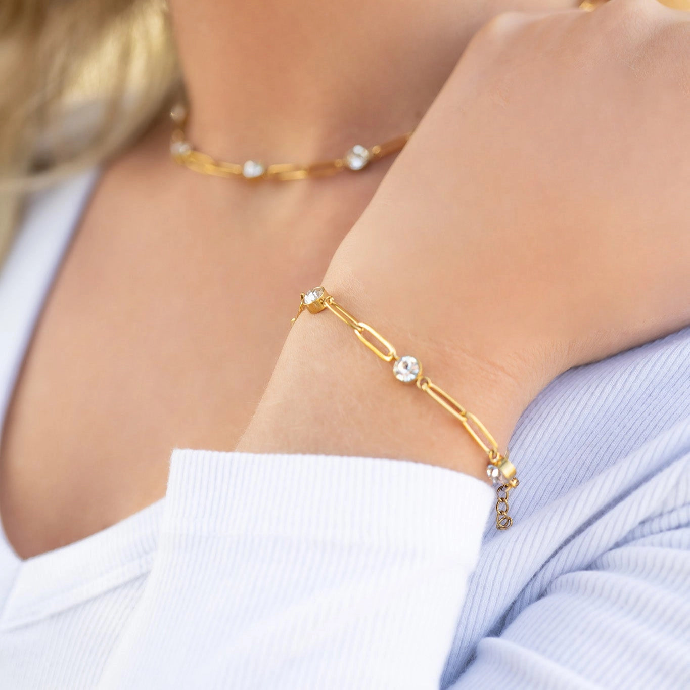 Station Stone Paperclip Chain Bracelet - Gold