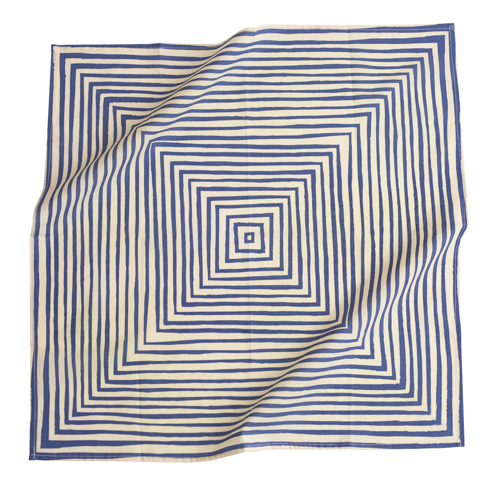 Square fabric with concentric blue and white striped pattern on a white background