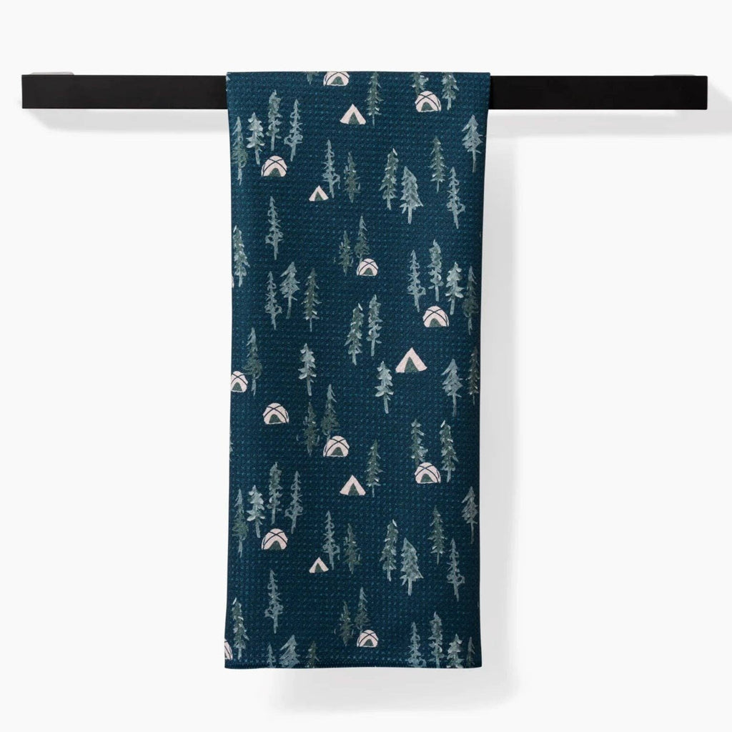 blue/green tent in forest design tea towel