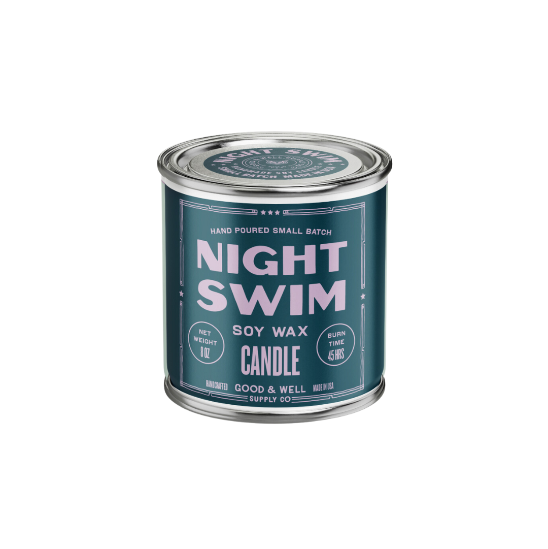 Candle container labeled 'Night Swim' by Good & Well Supply on a white background