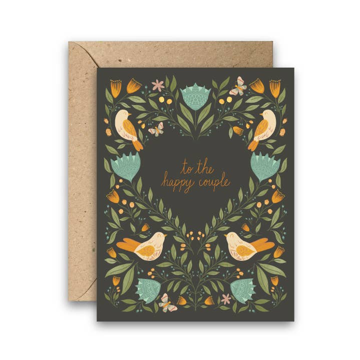 Celebrate love with the "Happy Couple Birds and Flowers Card," an enchanting choice for weddings, engagements, and newlyweds. Set against a sophisticated dark gray background, this card features hand-drawn blue and green birds, butterflies, and flowers that delicately frame the words "To the Happy Couple." Designed in a heart-shaped arrangement, the artwork brings a sense of romance and joy that’s perfect for celebrating special occasions.
