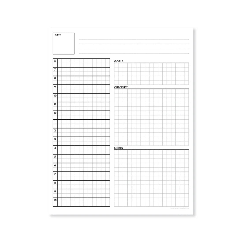 Agenda pads are the ultimate in organization! This minimal grid notepad is the perfect mix of utility and style! Keep your entire day at a glance with separate columns for your hourly schedule, goals, checklist and notes.