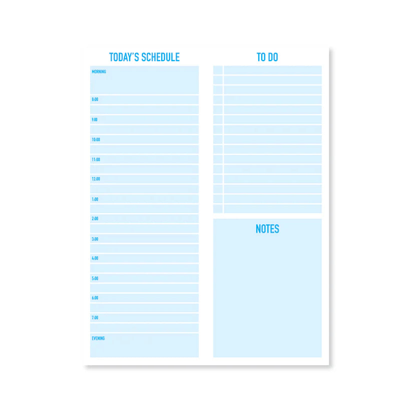 Agenda pads are the ultimate in organization! This minimal grid notepad is the perfect mix of utility and style! Keep your entire day at a glance with separate columns for your hourly schedule, goals, checklist and notes.