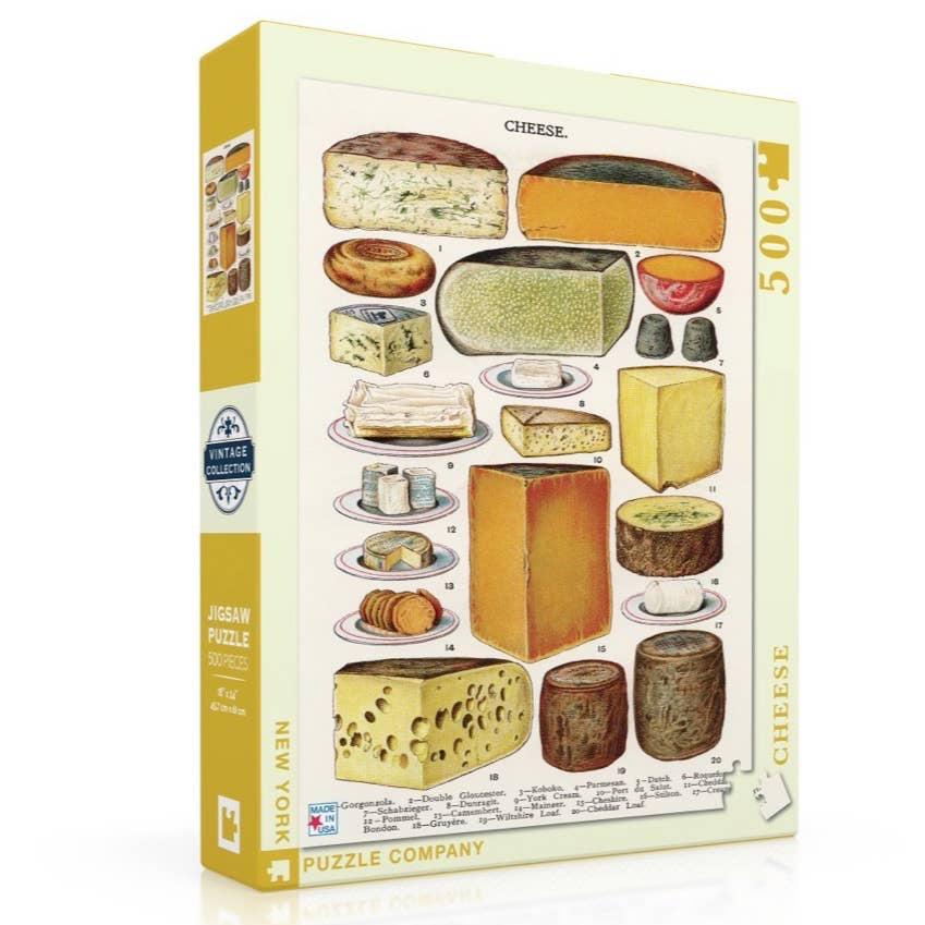 What a lovely gathering of twenty of our favorite European cheeses! Holding court are the majestic Roquefort, Gruyere and Camembert. While the likes of Stilton, Parmesan and Gorgonzola bid for royal acceptance!

Details:

500 Piece Jigsaw Puzzle
Finished Puzzle Size: 18"x24"
Linen Style Finish to reduce glare
Made in USA
Recommended Age: 10+ Years