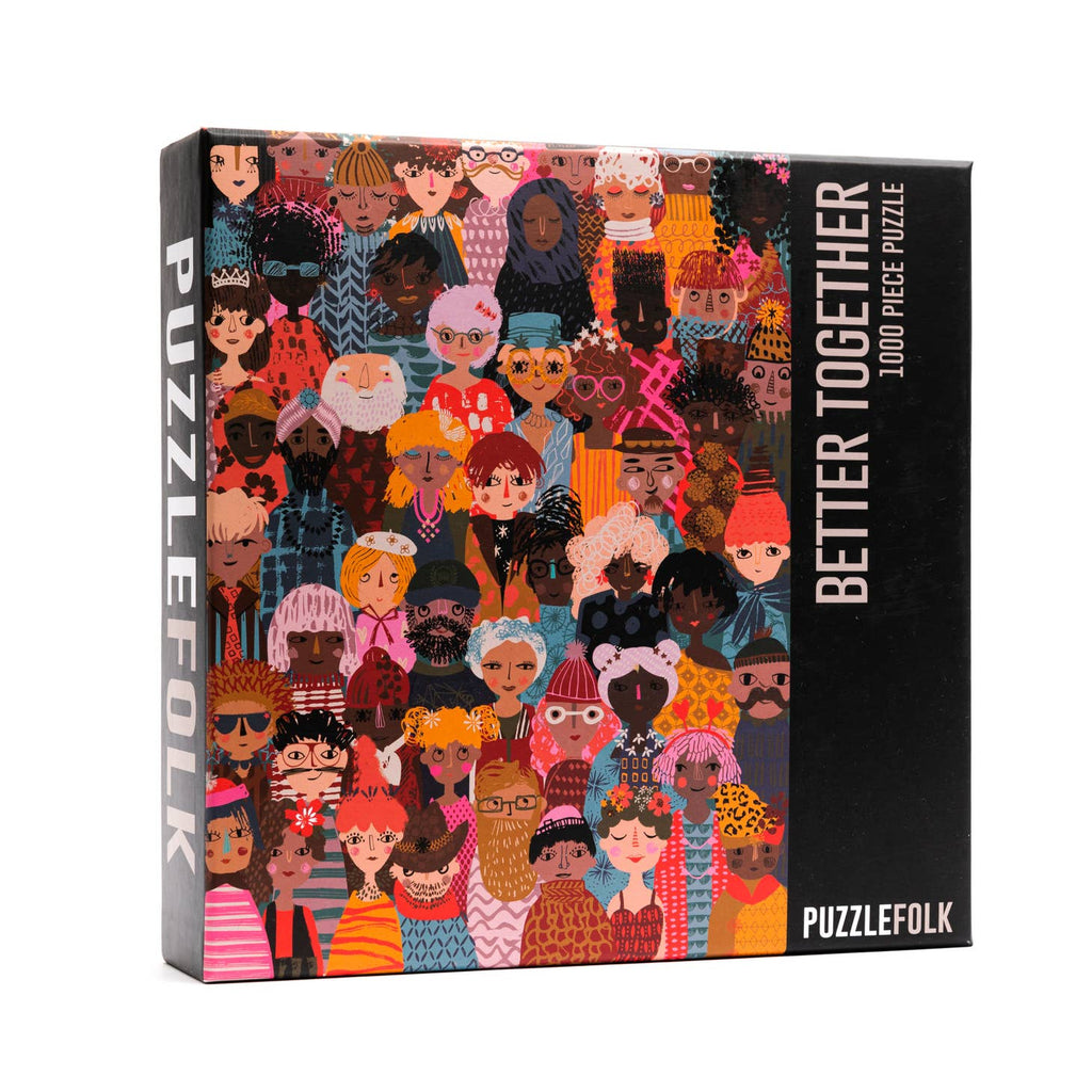 A busy, fun puzzle featuring all of us working together to be better! No matter your background, ethnicity, faith, gender, age, or occupation we are all better together! The diversity and unity in this puzzle makes it the perfect puzzle for everyone!     Product Info  1000 piece puzzle  Finished puzzle dimensions  20" x 27"  Box dimensions  9" x 9" x 2"