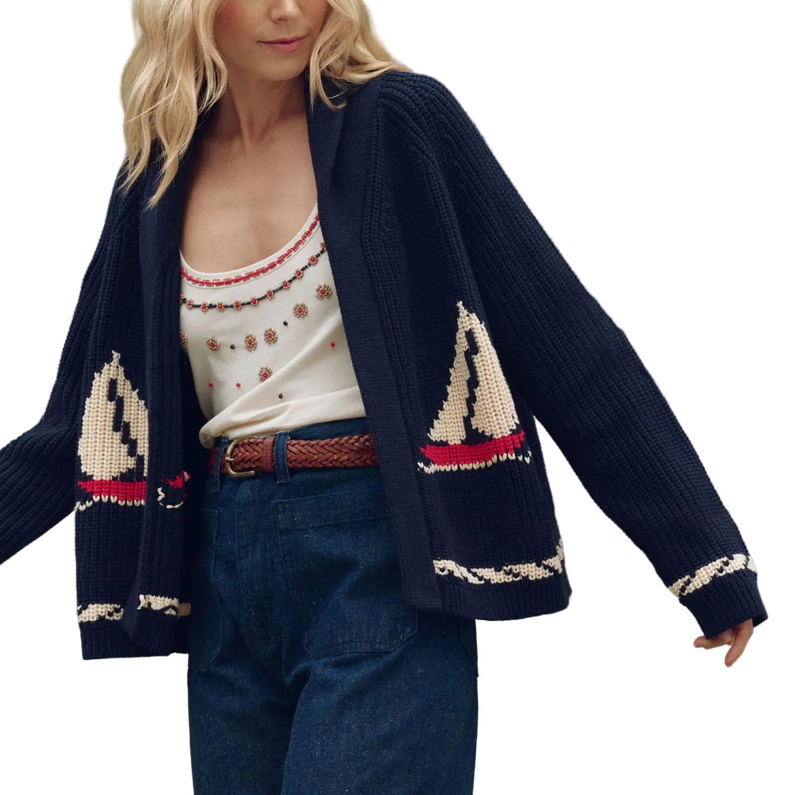 Ocean Sailboat Jacquard Shawl Cardigan - Navy