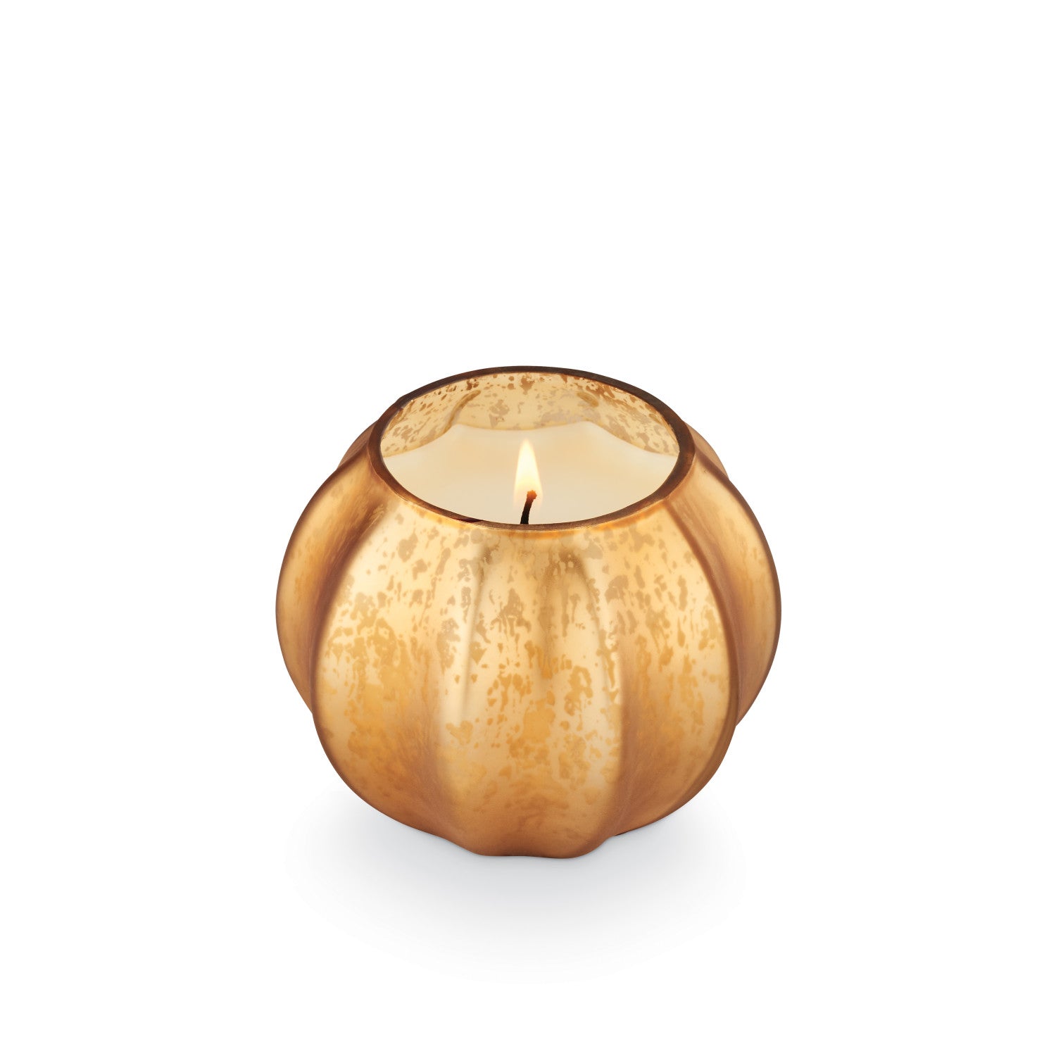 Decorative candle holder with a lit candle on a white background