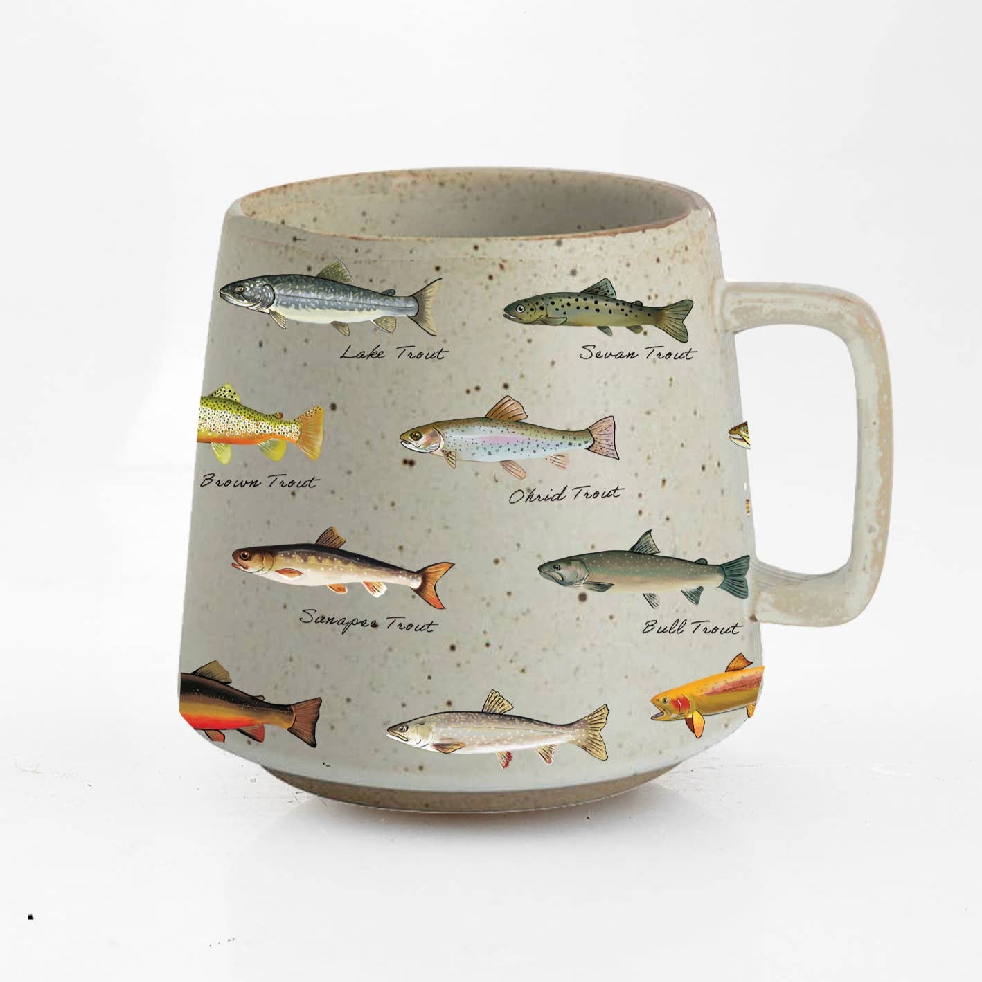 This beautifully illustrated mug showcases a variety of trout species of trouts, bringing the essence of the outdoors right to your kitchen. From the striking colors of the Brook Trout to the distinctive markings of the Rainbow Trout, each design is carefully detailed to highlight the beauty of these beloved fish.