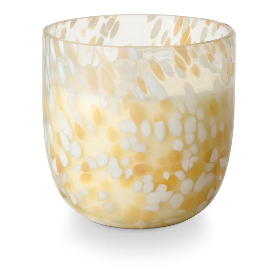 Speckled beach glass candle with a wavy, watery effect when lit. A summer lovefest of super juicy orange wedge, effervescent prosecco, and aperol spritz