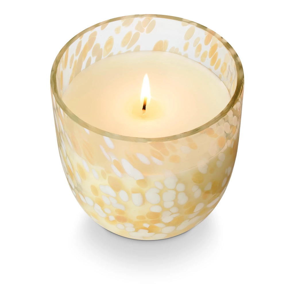Speckled beach glass candle with a wavy, watery effect when lit. A summer lovefest of super juicy orange wedge, effervescent prosecco, and aperol spritz