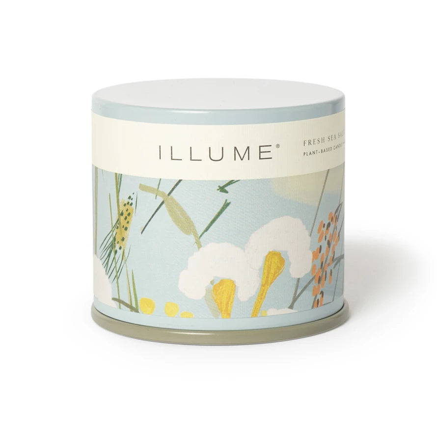 This scent is grounded in salty sea spray, with a heart of poetic jasmine, and kissed with a gentle breeze.

Designed as a pop of pattern, the demi vanity tins have a full wrap label on textured stock, interior pattern with metallic details, and a color rolled edge to complement the colored wax. Tin is used for its lovely illuminating qualities and because it is infinitely recyclable.