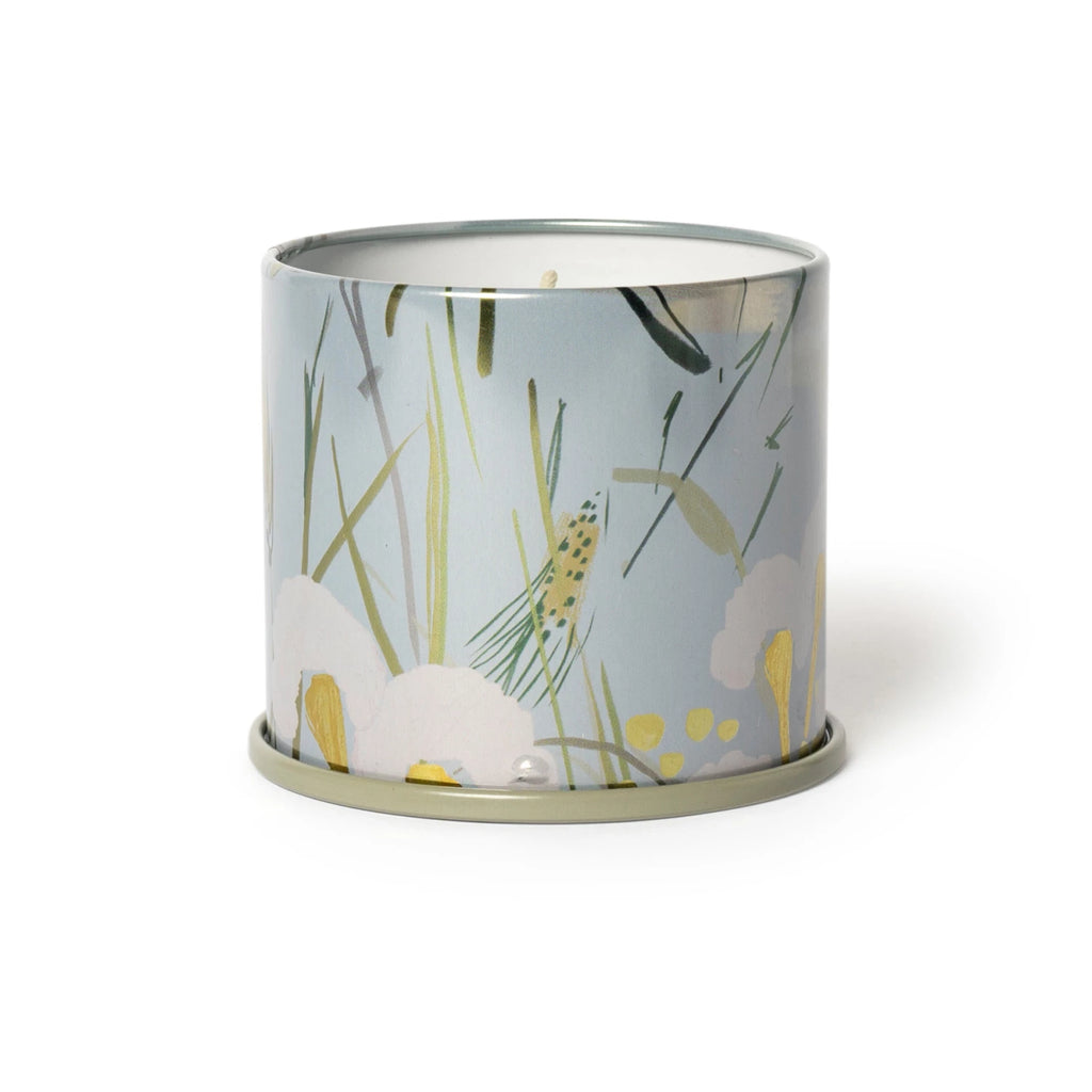This scent is grounded in salty sea spray, with a heart of poetic jasmine, and kissed with a gentle breeze.

Designed as a pop of pattern, the demi vanity tins have a full wrap label on textured stock, interior pattern with metallic details, and a color rolled edge to complement the colored wax. Tin is used for its lovely illuminating qualities and because it is infinitely recyclable.
