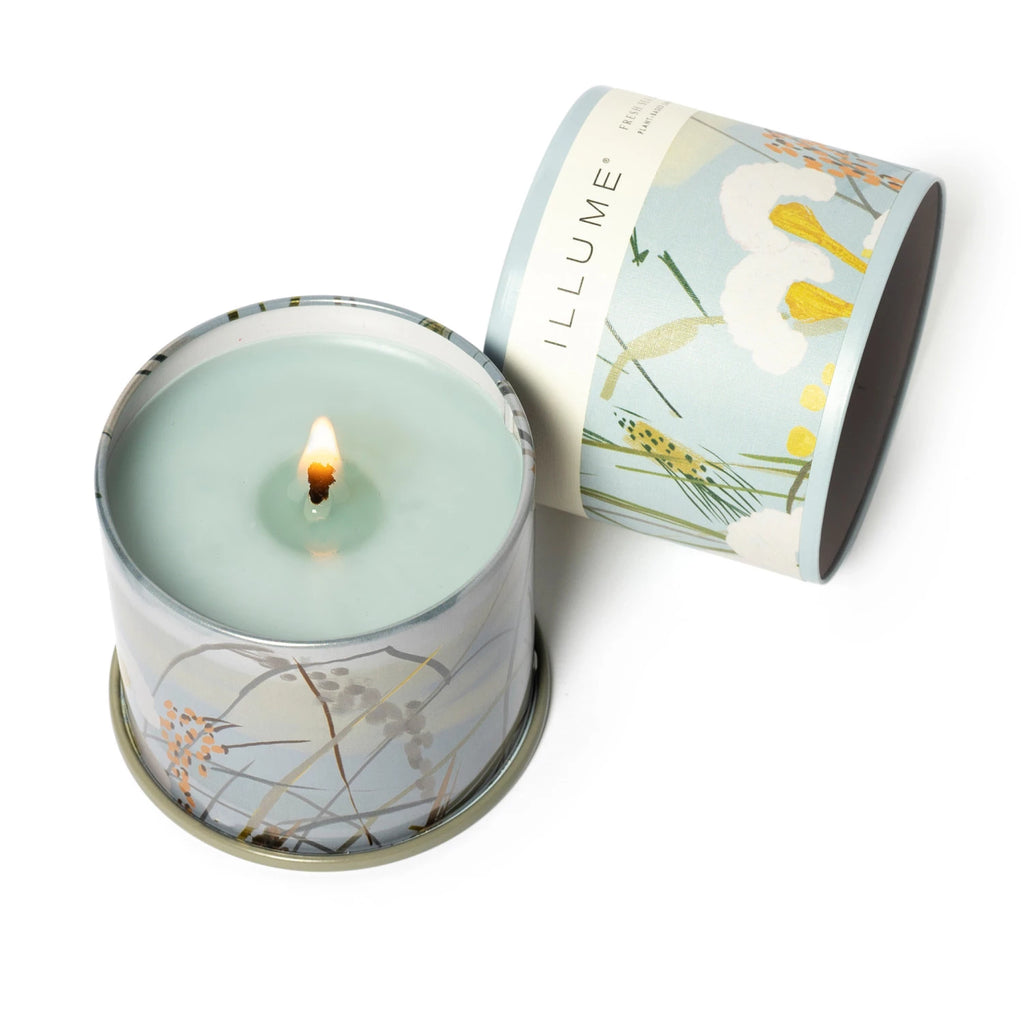 This scent is grounded in salty sea spray, with a heart of poetic jasmine, and kissed with a gentle breeze.

Designed as a pop of pattern, the demi vanity tins have a full wrap label on textured stock, interior pattern with metallic details, and a color rolled edge to complement the colored wax. Tin is used for its lovely illuminating qualities and because it is infinitely recyclable.